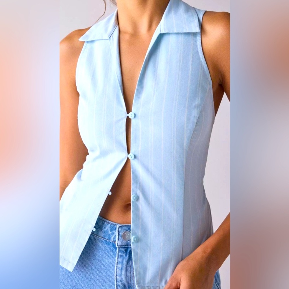 URBAN OUTFITTERS‎ Blue White Stripe Button Front Sleeveless Collared Vest Top XL